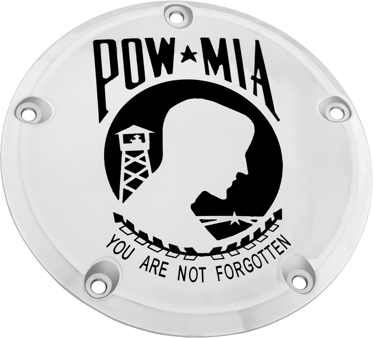 Custom Engraving 6 M8 Softail Derby Cover Pow-Mia Chrome