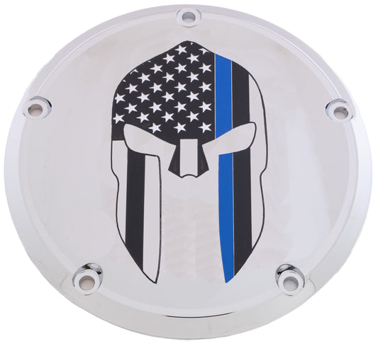 Custom Engraving 7   M8 Flt/Flh Derby Cover Sparta Blue Line Chrome