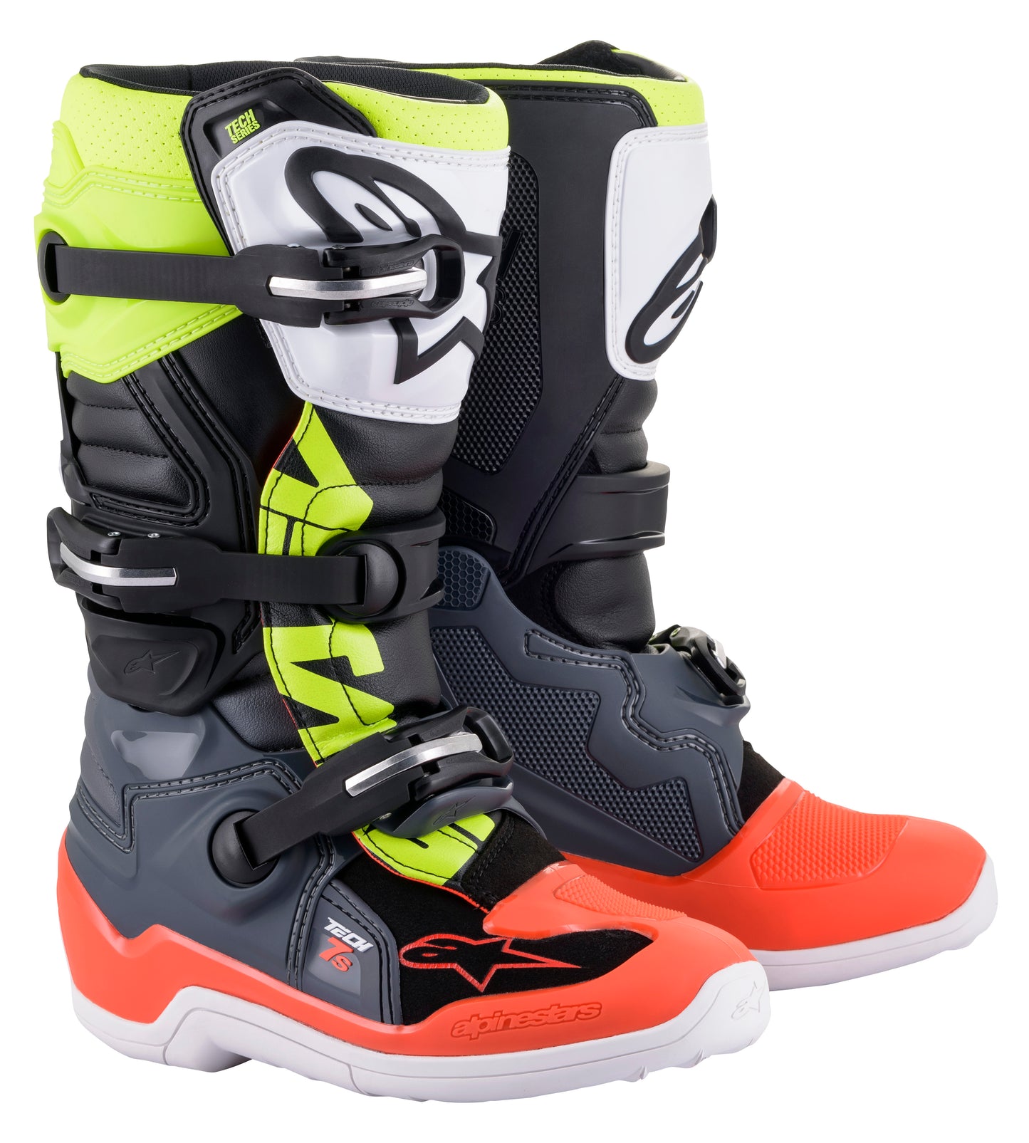 Alpinestars Tech 7S Boots Dark Grey/ Red Fluo/Yellow Fluo Sz 02