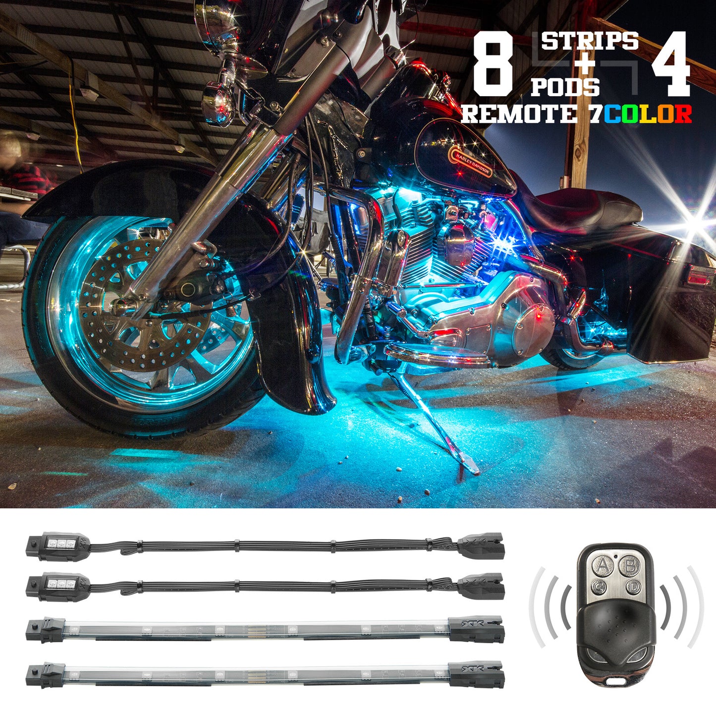 Xk Glow Multi-color Motorcycle LED Accent Light Kit w/Remote Key Fob