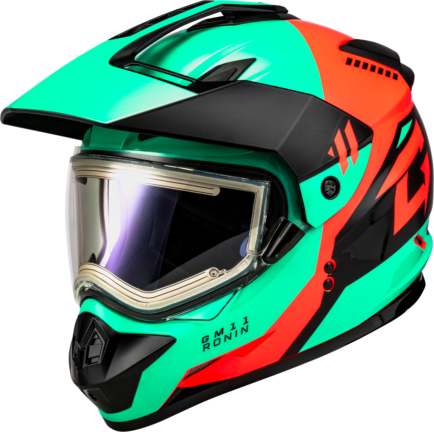 Gmax Gm-11S Ronin Snow Helmet W/ Elec Shld Black/Aqua/Coral Lg