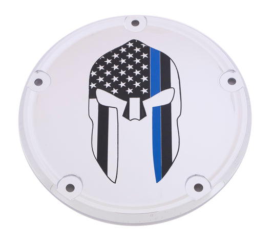 Custom Engraving 6   M8 Softail Derby Cover Sparta Blue Line Chrome