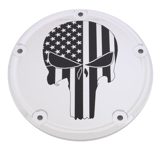 Custom Engraving 7   M8 Flt/Flh Derby Cover Punisher Chrome