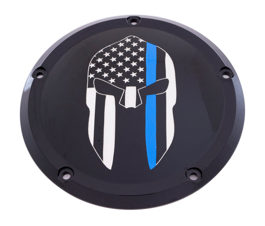 Custom Engraving 7   M8 Flt/Flh Derby Cover Sparta Blue Line Black